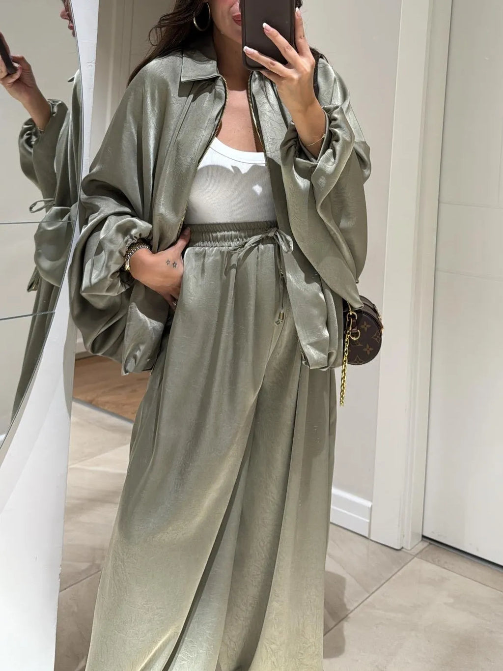 Brown Jacket + Drawstring Pants Casual Two-piece Suit