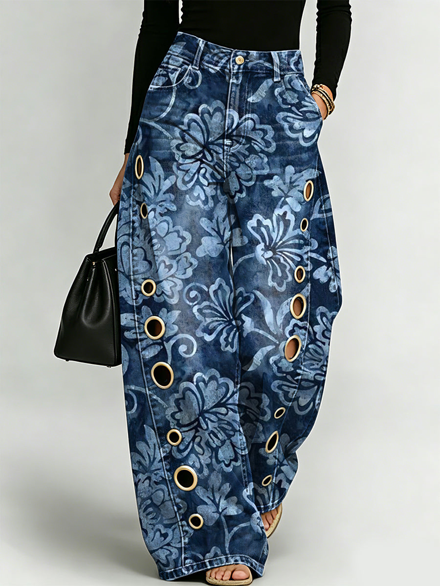 Retro Floral Decorative Pattern Women's Denim Pants