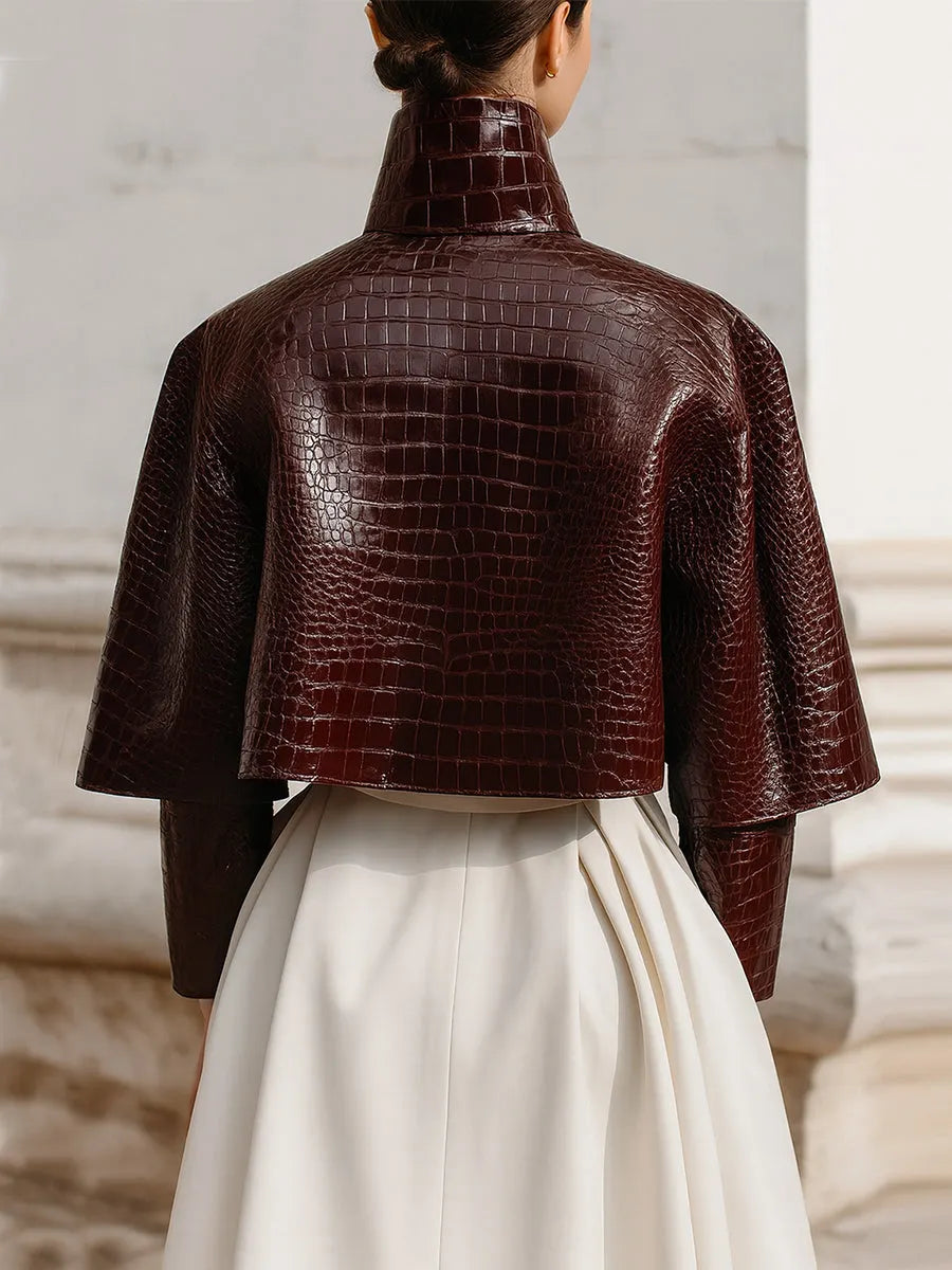Minimalist Cape Collar Glossy Crocodile Eco-leather Jacket