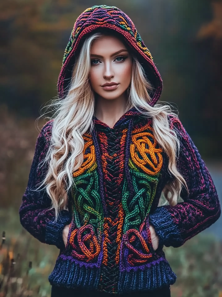 Women's Viking Celtic Knot Colorful Knit Hooded Sweater