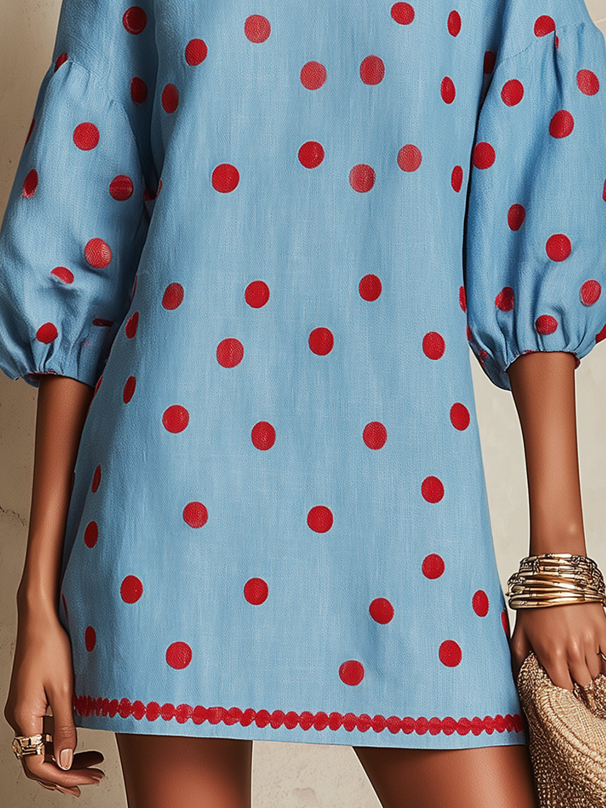 Sky Blue Mini Dress With Red Polka Dots And Puff Sleeves