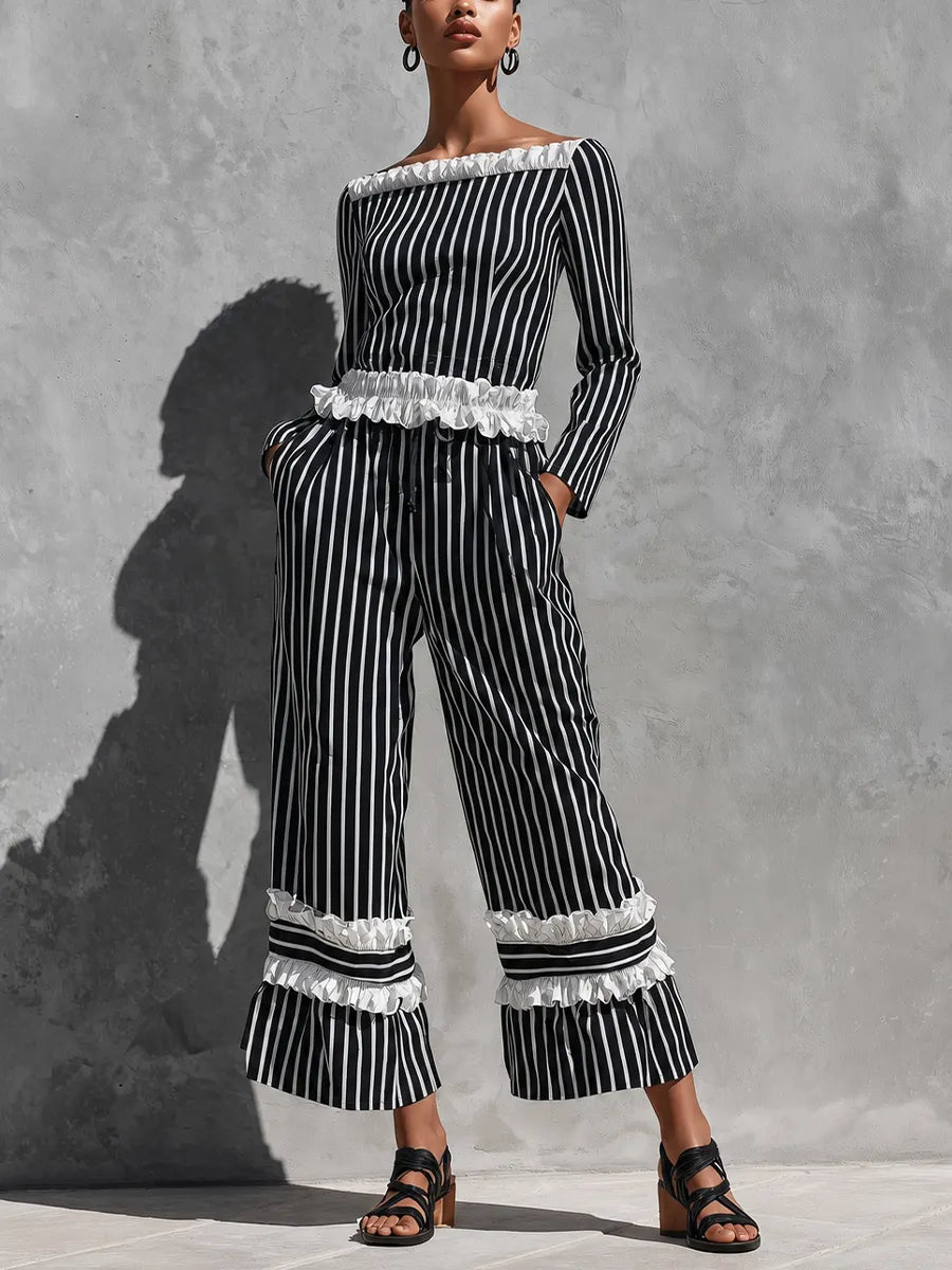 Women's Black White Vertical Stripe White Ruffle Trim Off Shoulder Long Sleeve Top Drawstring Waist Tiered Ruffle Capri Wide Leg Pant Two Piece Set MDZ2054G3YZJ