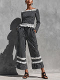 Women's Black White Vertical Stripe White Ruffle Trim Off Shoulder Long Sleeve Top Drawstring Waist Tiered Ruffle Capri Wide Leg Pant Two Piece Set MDZ2054G3YZJ