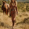 Western Girl Retro Ethnic Style Geometric Striped V-neck Long-sleeved Dress