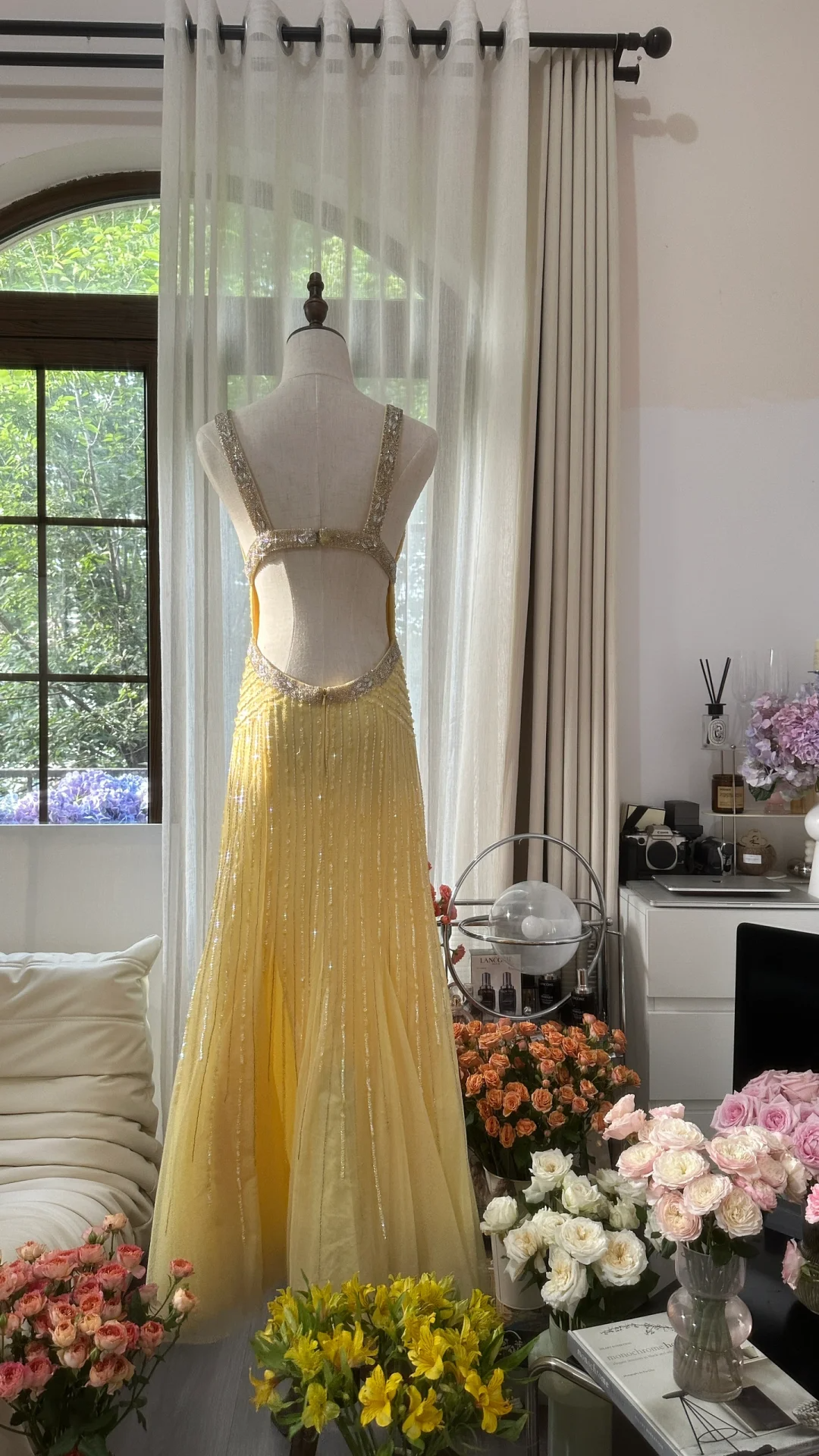 Lit Yellow Gorgeous Shiny Fashion Elegant Exquisite Beaded Long Tulle Backless Fairy Ball Gown Evening Dress Birthday/Wedding Guest/Holiday Party Dress Prom Dress Valentine's Day Date Dress 4034