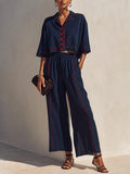 Women's Navy Cotton Linen Contrast Red Piping Cropped Shirt & Wide-Leg Pants Set MDZ2086G0ZRK