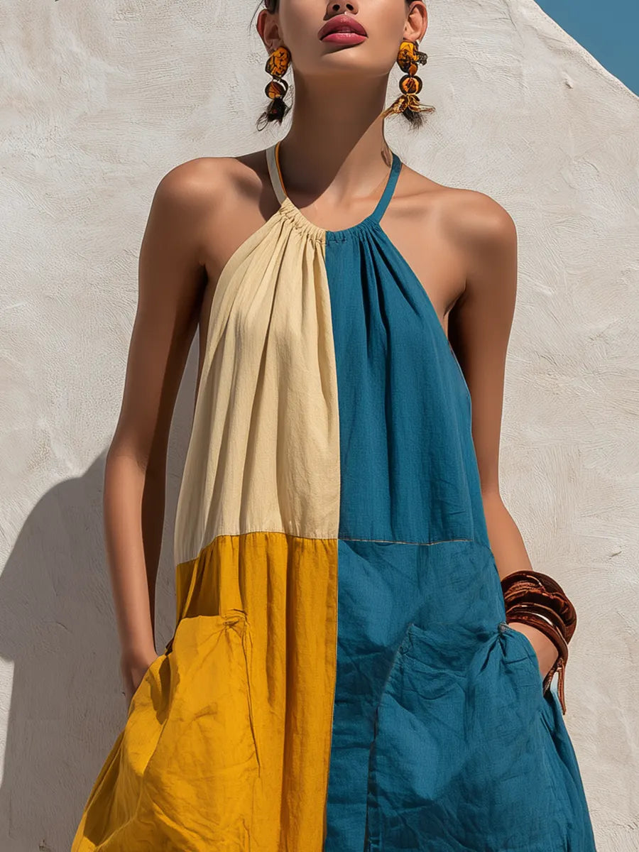 Women’s Boho Tri-Color Block Halter Sling Oversized Linen Baggy Jumpsuit With Big Cargo Pockets MDZ2362F8T