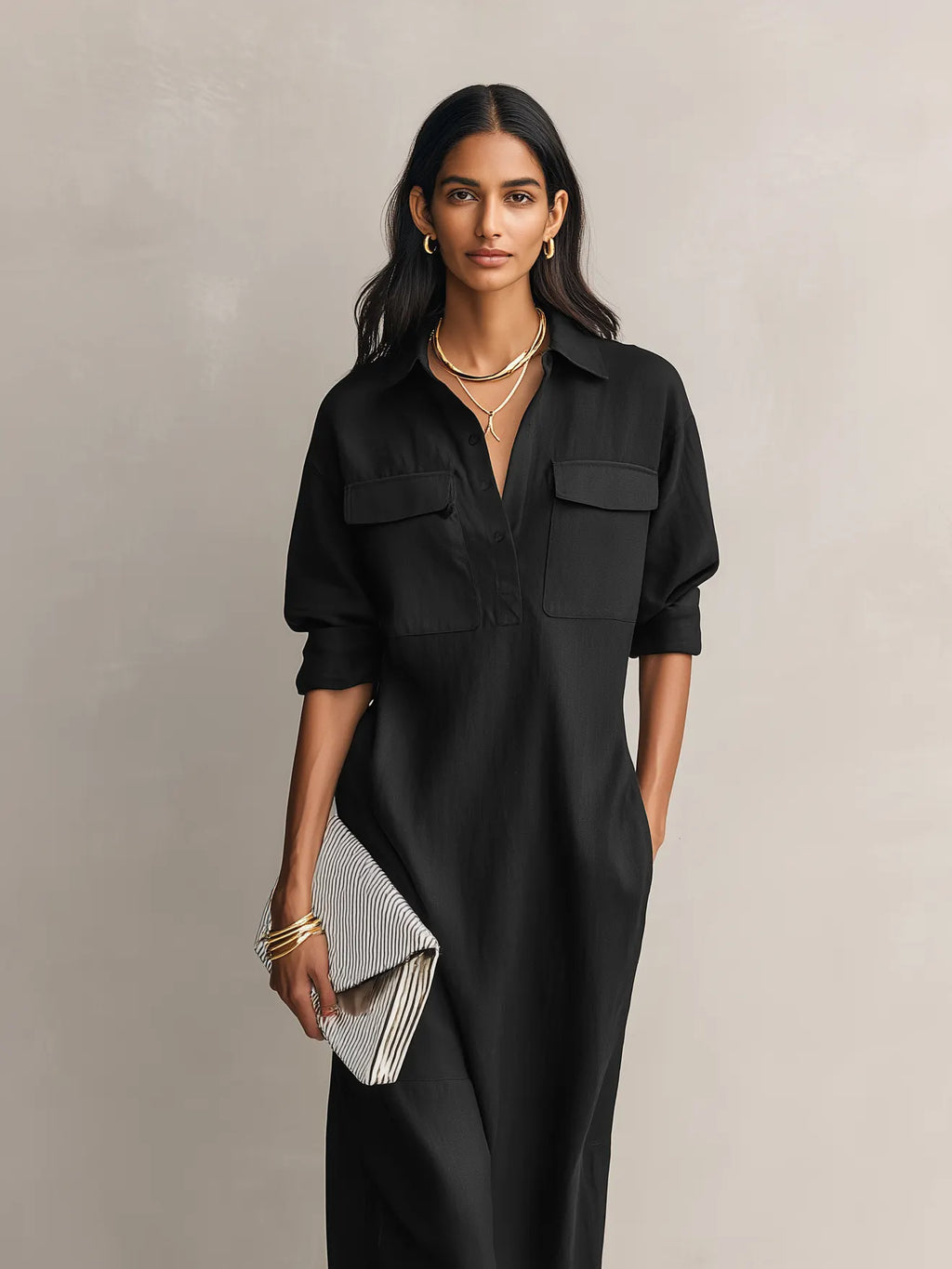 Women's Elegant Black Cotton-linen Blend Shirt Collar Short-sleeved Midi Dress MDZ0455C2AN