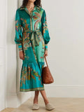 Collared Vintage Print Lantern Sleeve Dress