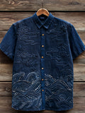 Vintage Ocean Waves Art Short Sleeve Linen Shirt