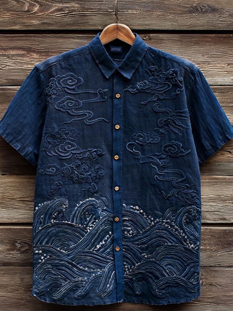 Vintage Ocean Waves Art Short Sleeve Linen Shirt