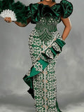 Flat Collar Floral Printed Falbala Split-Joint Beaded Maxi Dress
