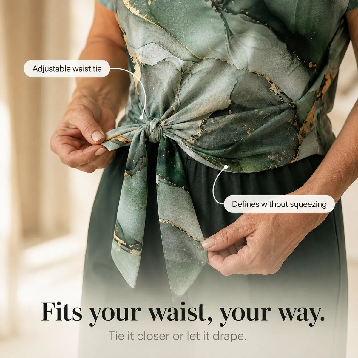 Marovelle – Marble Print Knot-Front Top and Wide-Leg Pants Set