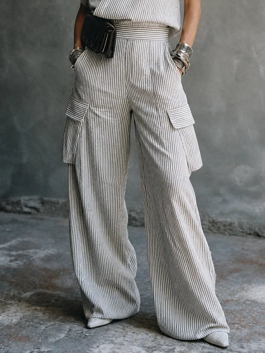 Women's Casual Vacation Gray White Cotton Blend Striped Wrap Top Cargo Pocket Wide-Leg Pants Set MDZ1618G6GMJ