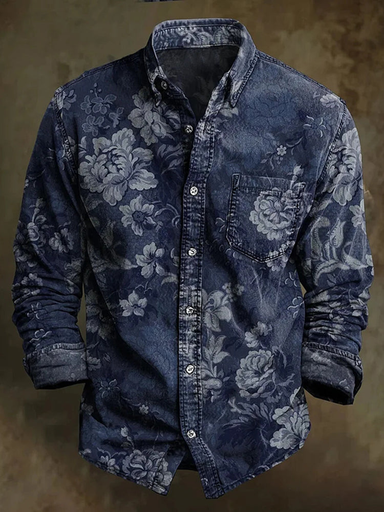 Men's Vintage Floral Art Printed Cozy Long Sleeve Shirt