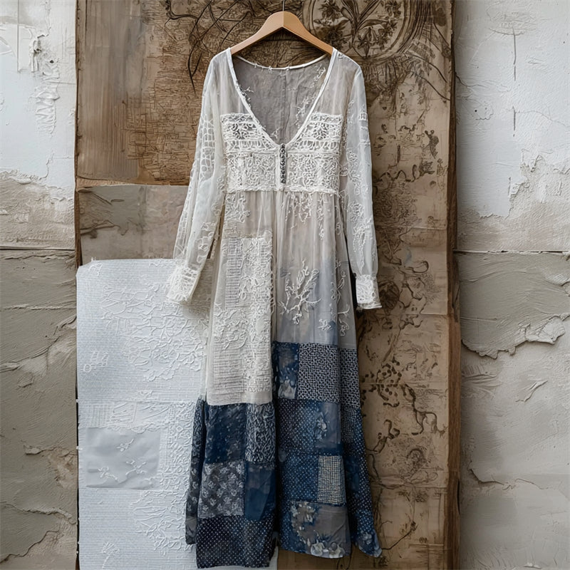 Japanese Floral Sashiko Patchwork Lace Flowy Maxi Dress