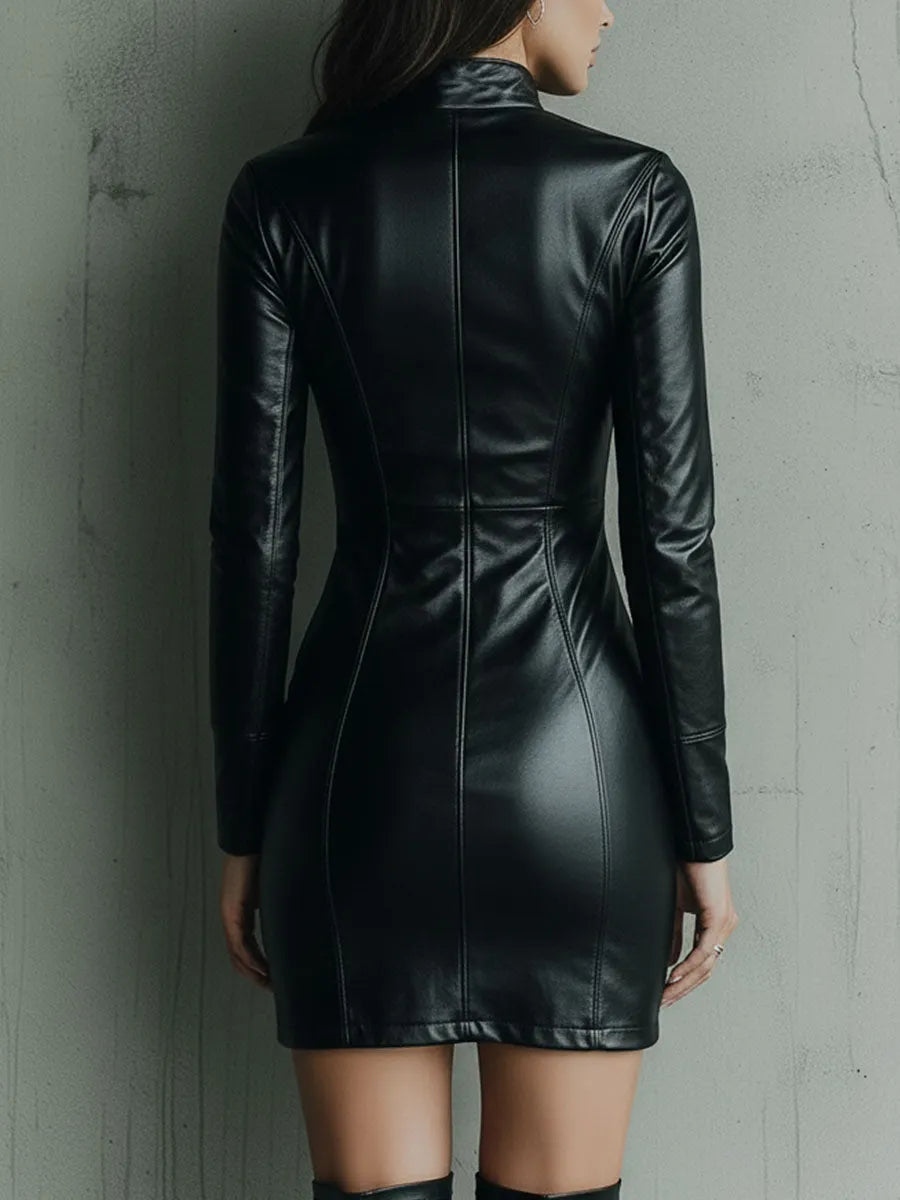 Moto Chic Black Eco Leather Zip-Up Bodycon Dress