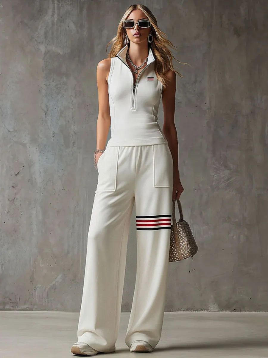 Sporty Retro White Striped Embroidered Sleeveless Vest And Wide-Leg Pants Set