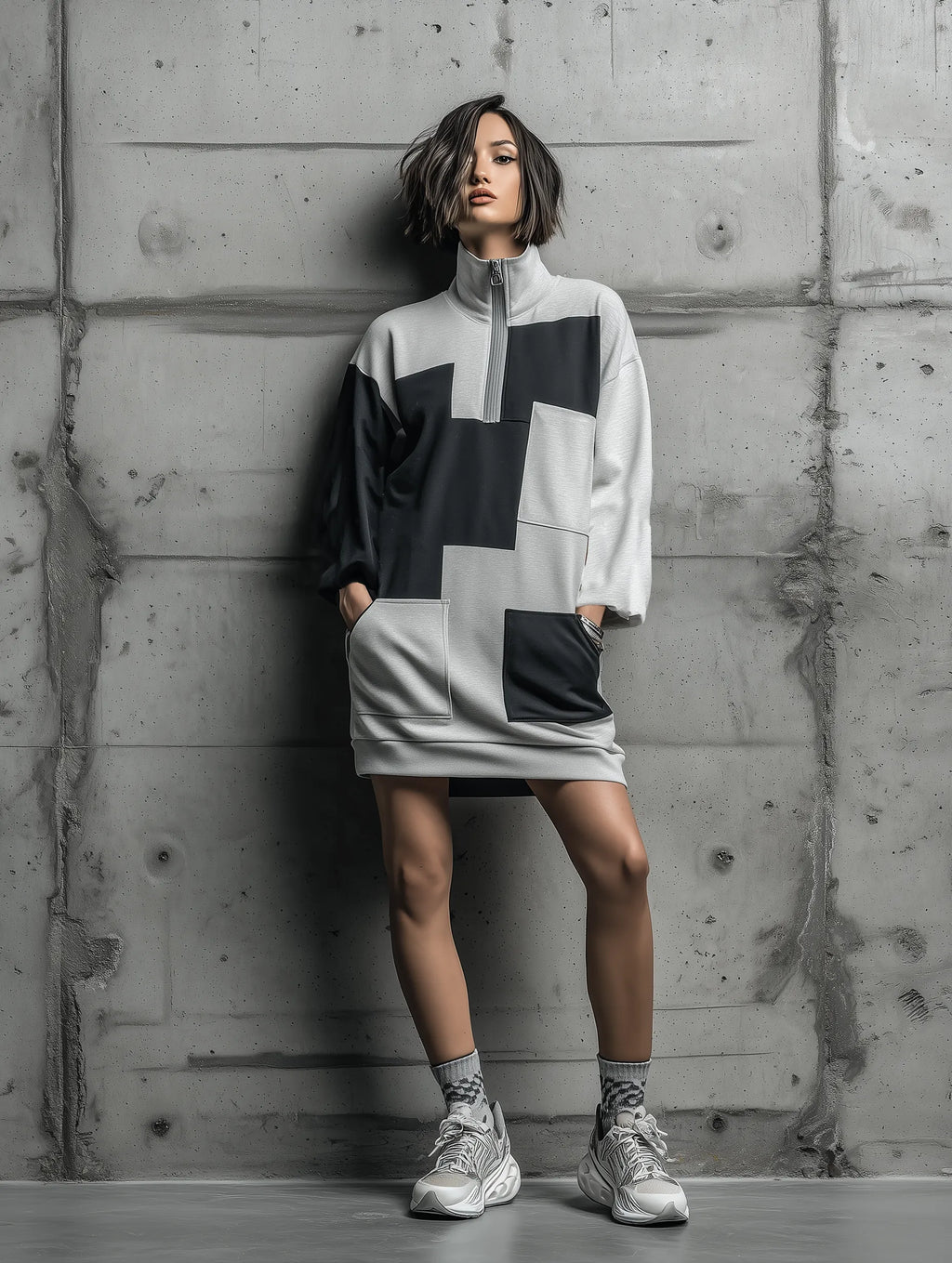 Women's Black Gray Color Block Scuba Knit Patchwork Half Zip Stand Collar Long Sleeve Side Pocket Oversized Mini Sweatshirt Dress MDZ1742G2YZJ