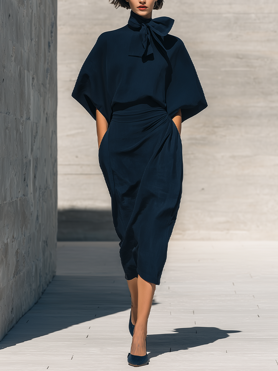 Women's Navy Cotton-Blend Two Piece Matching Set With Bow Tie Neck Batwing Sleeve Blouse & Side Twist Wrap Midi Skirt, Minimalist Elegant Formal Co-Ord Outfit MDZ2071G7LYL