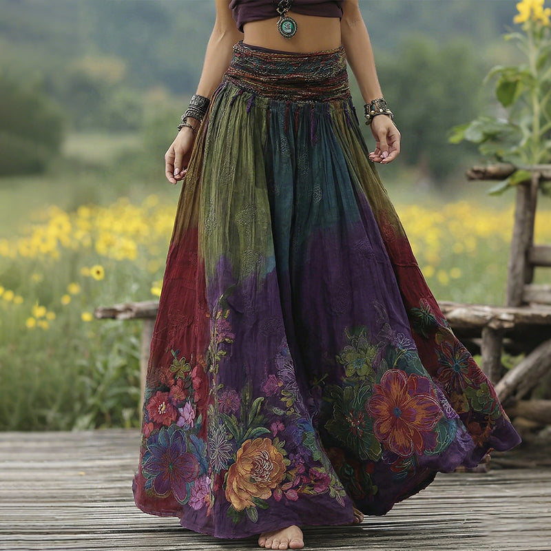 Women's Retro Floral Embroidery Gradient Art Linen Blend Casual Midi Skirt