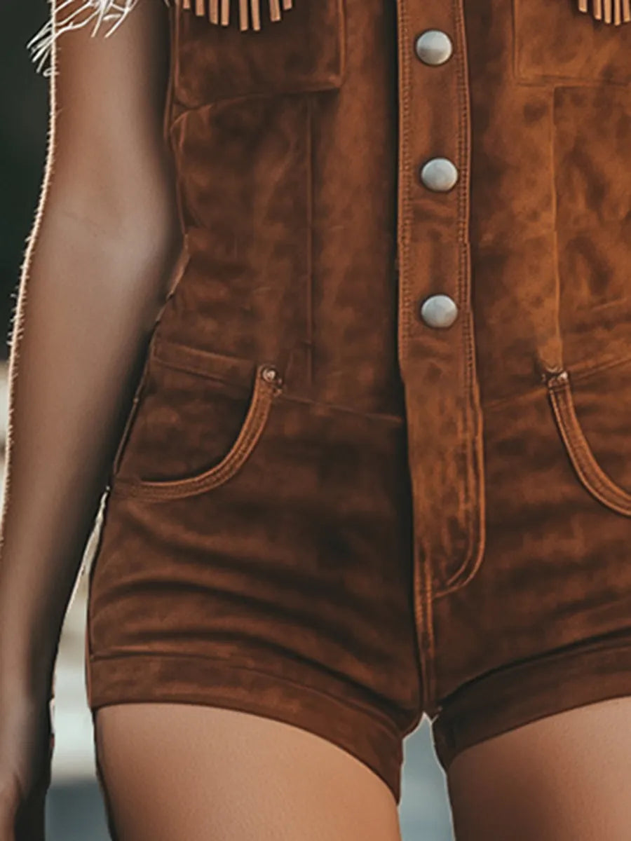 【24-hour shipping out】Vintage Western Tassel Brown Suede Vest Shorts Jumpsuit