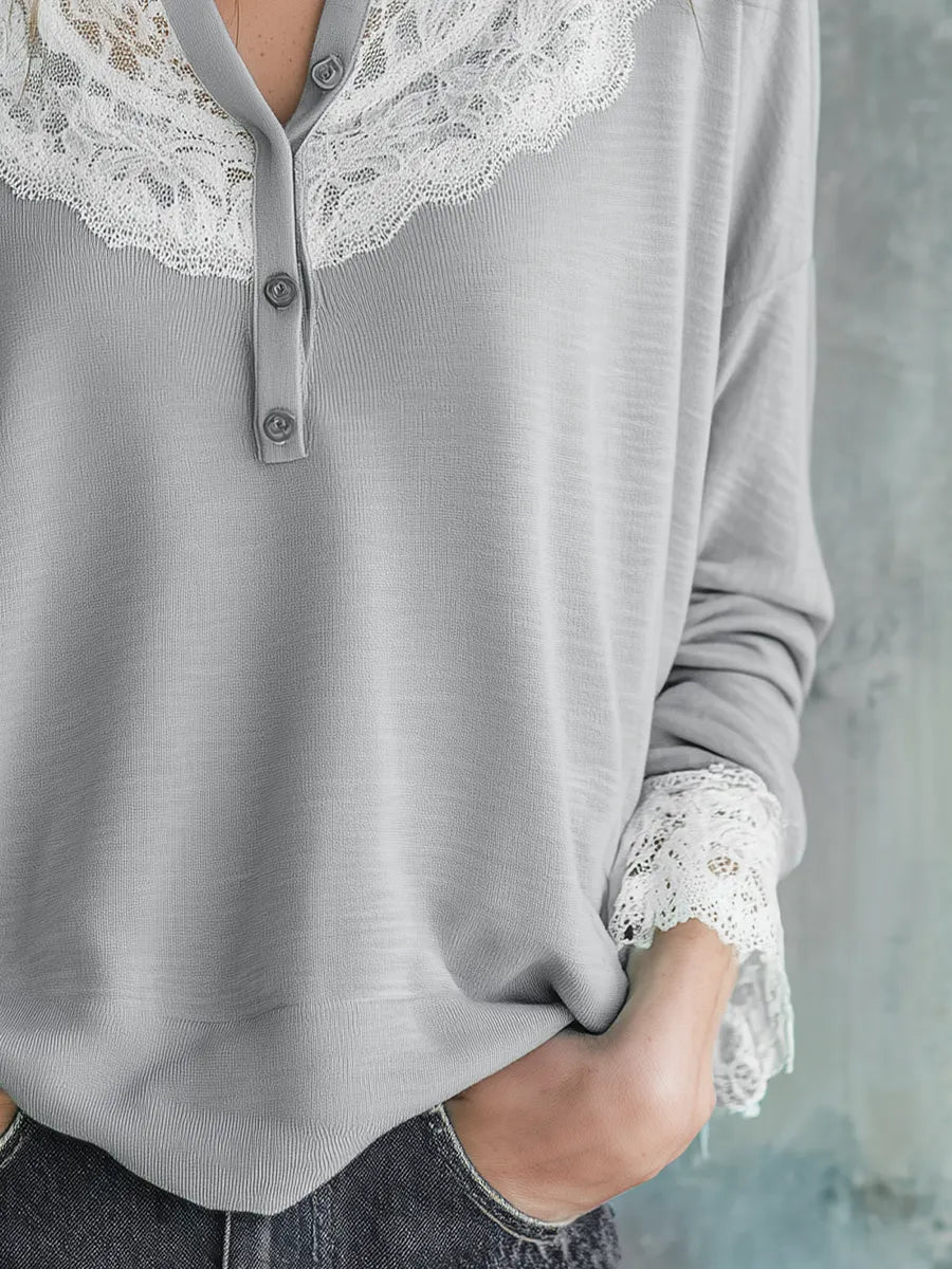 Refined Mist Gray Lace Yoke Blouse