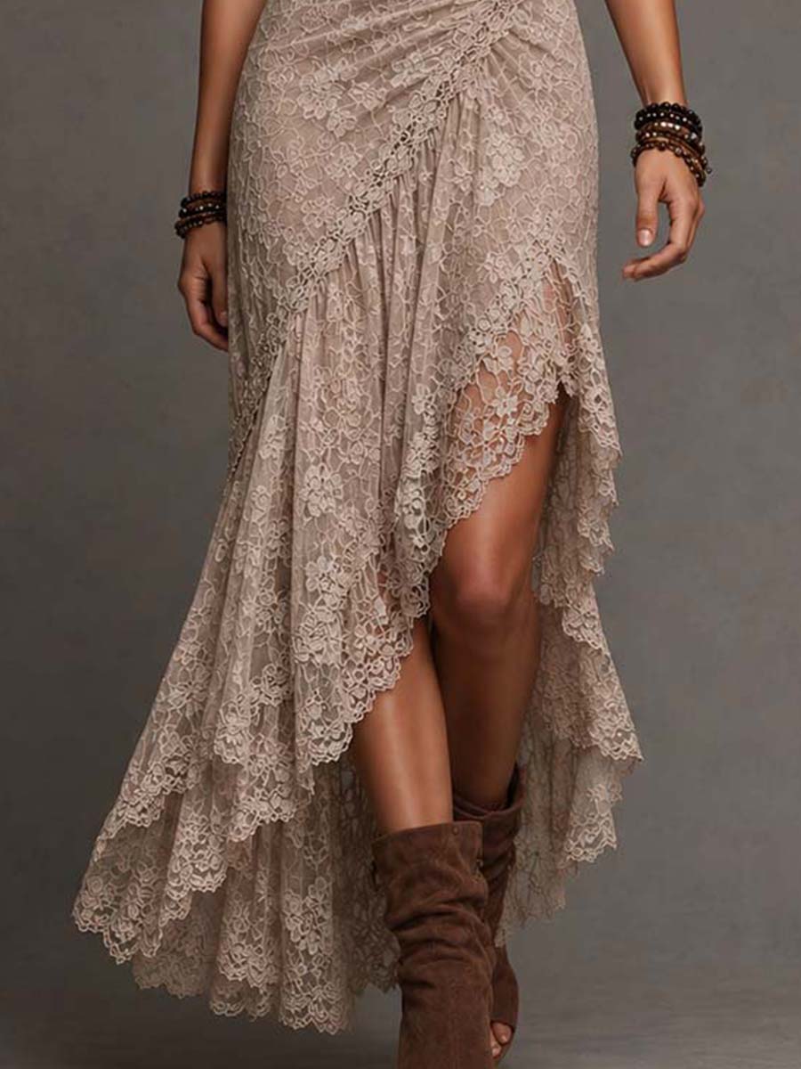 Bohemian Taupe Lace Halter High-Low Midi Dress