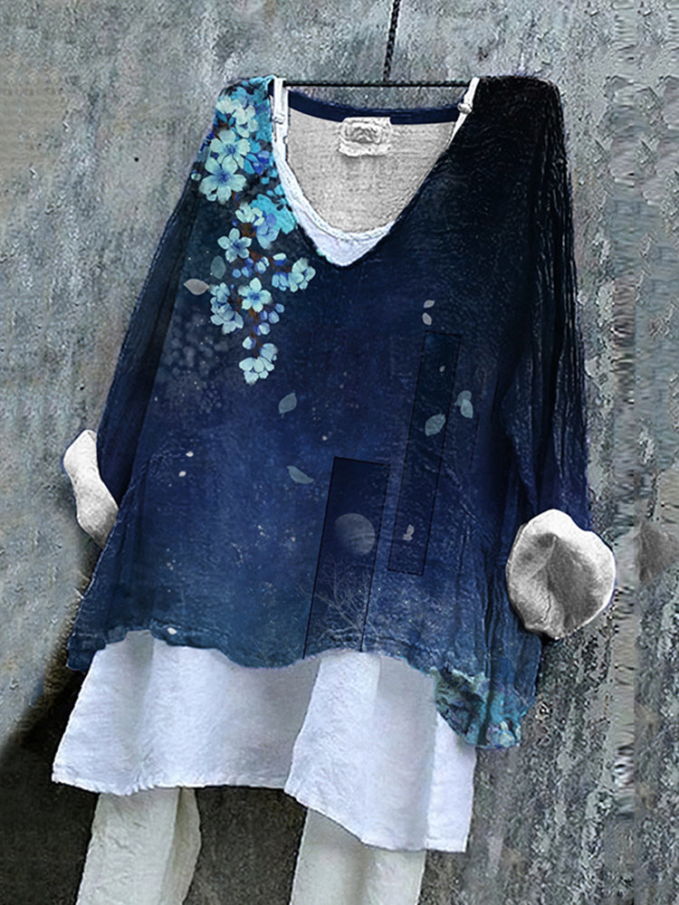 Japanese Floral Art V-neck Cotton And Linen Shirt