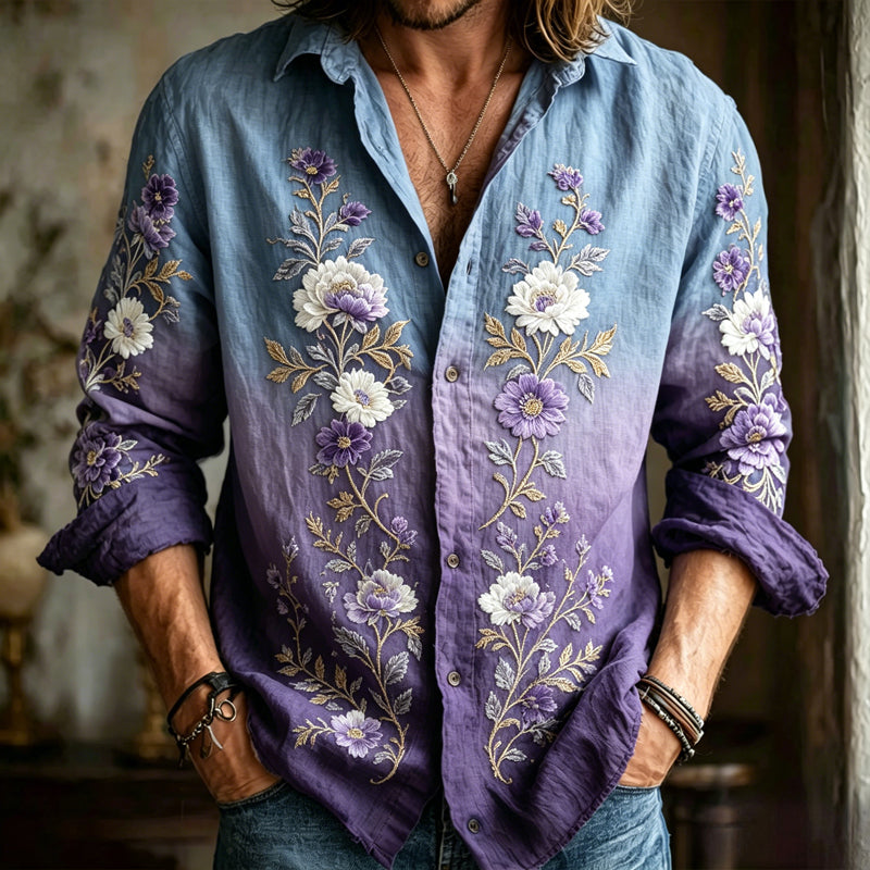 Men's Vintage Floral Print Gradient Long Sleeve Linen Blend Shirt