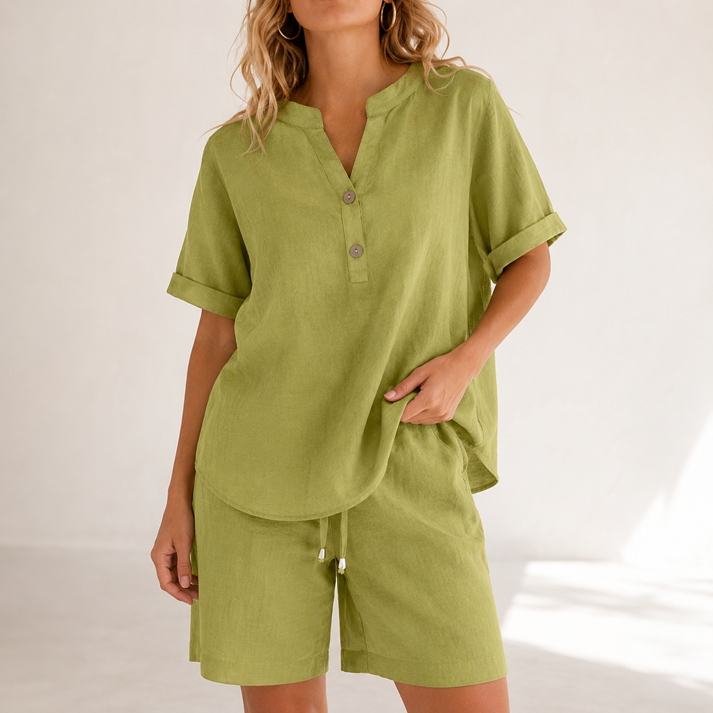 Lunessa – Cotton Linen 2 Piece Set Women Henley Top and Drawstring Shorts