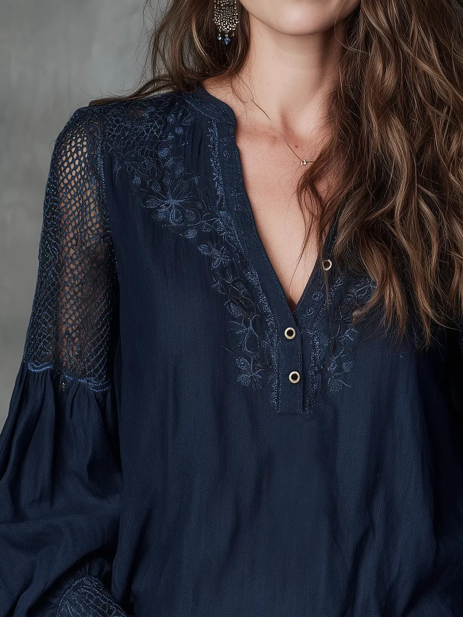 Refined Navy Lace Sleeve Blouse