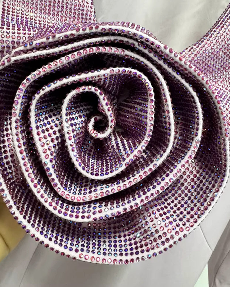 Long Sleeve Backless Crystal Flower Maxi Dress Lavender
