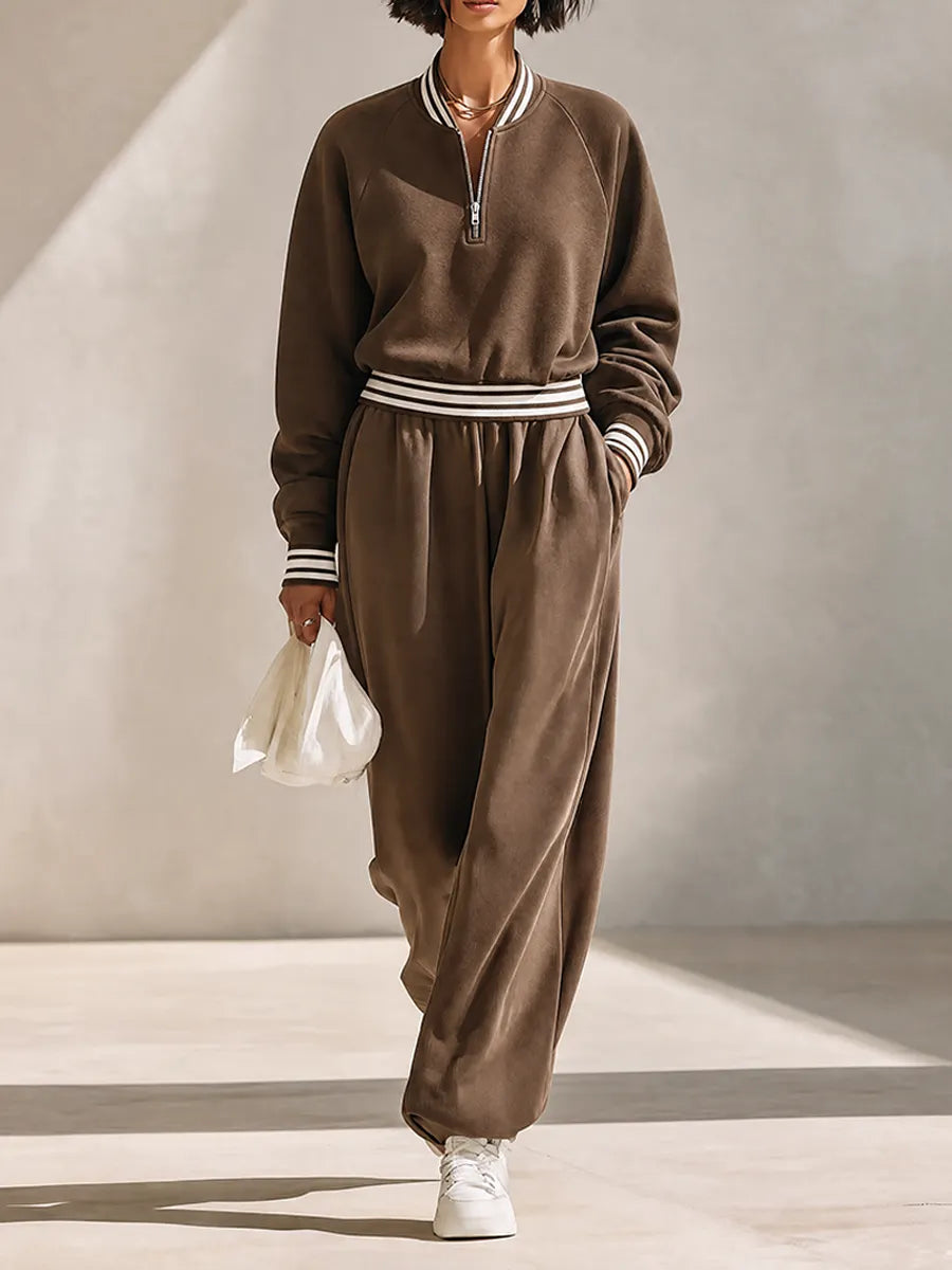 Women's Coffee Brown Cotton Blend Striped Trim Half-Zip Sweatshirt & Wide Leg Sweatpants Tracksuit Set MDZ2400G8ZRK