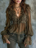 Vintage-Style Embroidered Ruffled Sheer Chiffon Blouse