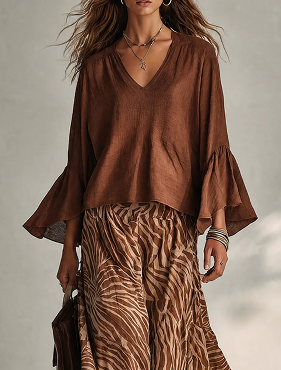 Women's Solid Brown Linen-Blend V-Neck Flared-Sleeve Loose Bohemian Top MDZ0925G6ZRK