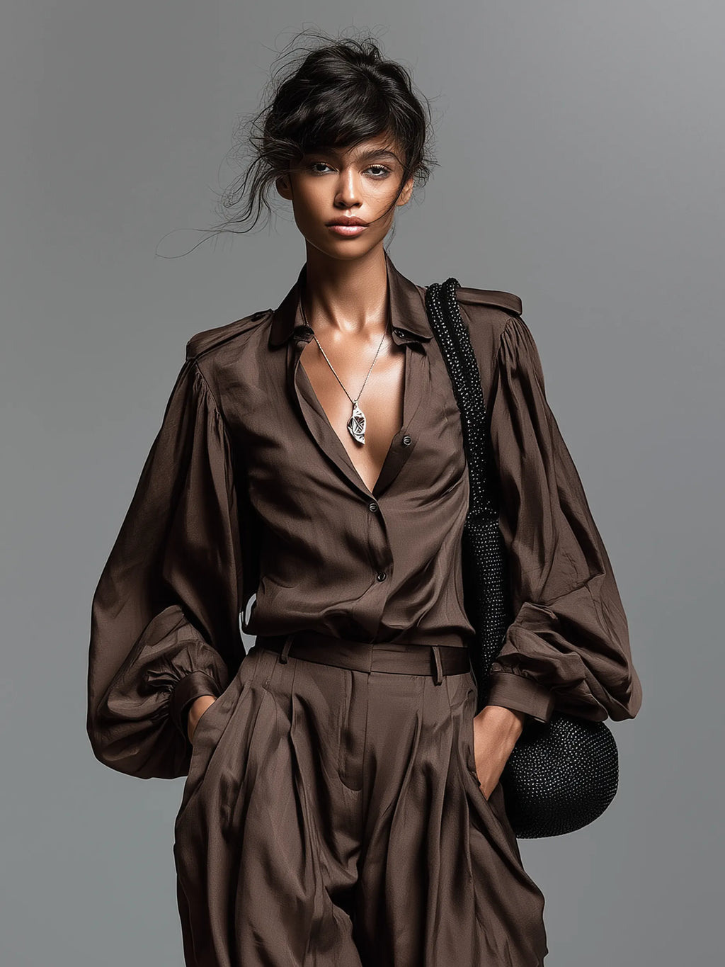 Women's Minimalist Matte Satin Long-Sleeve Shirt And Wide-Leg Trousers Set With Shoulder Epaulettes MDZ2044G0WY