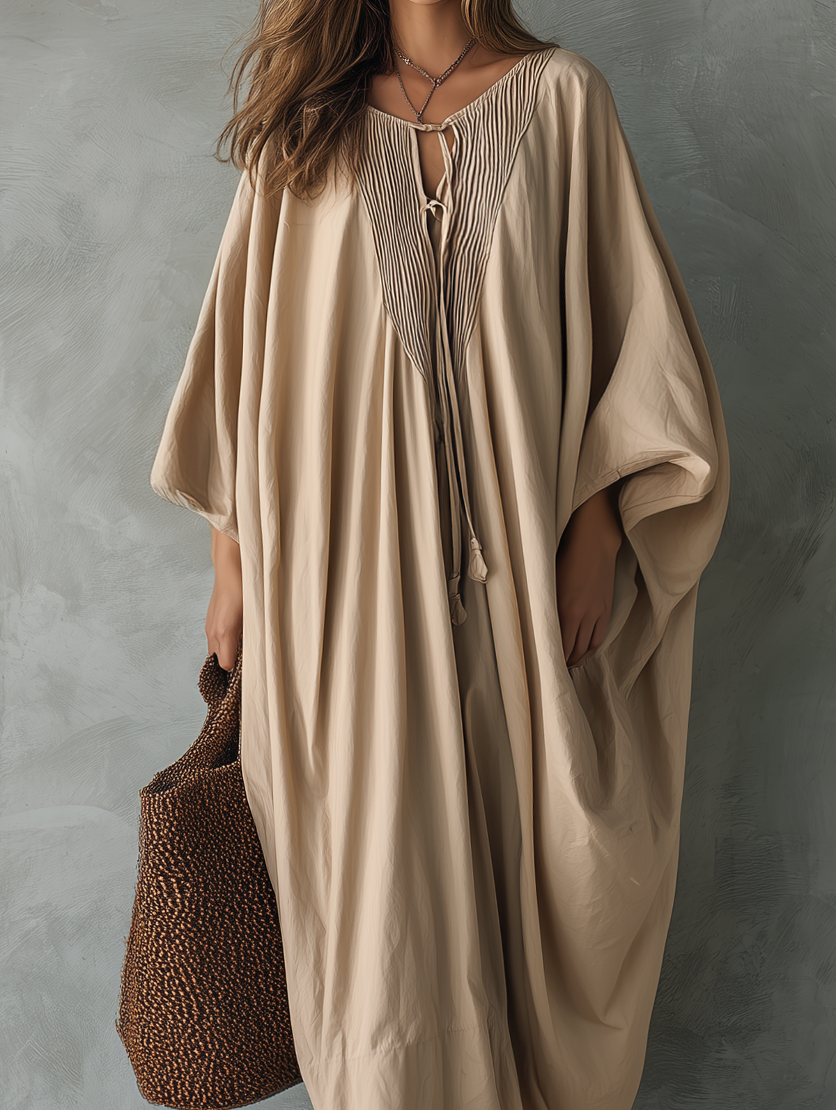 Women's Casual Khaki Woven V-Neck Batwing-Sleeve Maxi Dress MDZ2446G5LXY