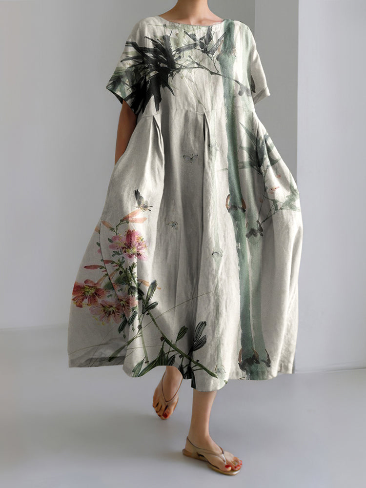 Vintage Bamboo & Flowers Japanese Art Printed Casual Loose Dress
