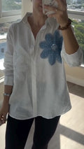 Oversized Floral Embroidery Button‑Down Shirt