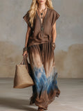 Retro Ethnic Bohemian Brown Cotton-Linen T-Shirt & Gradient-Print Chiffon Midi Skirt Set