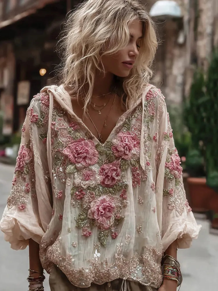 Women's Vintage Floral Embroidery Warm V-neck Hoodie