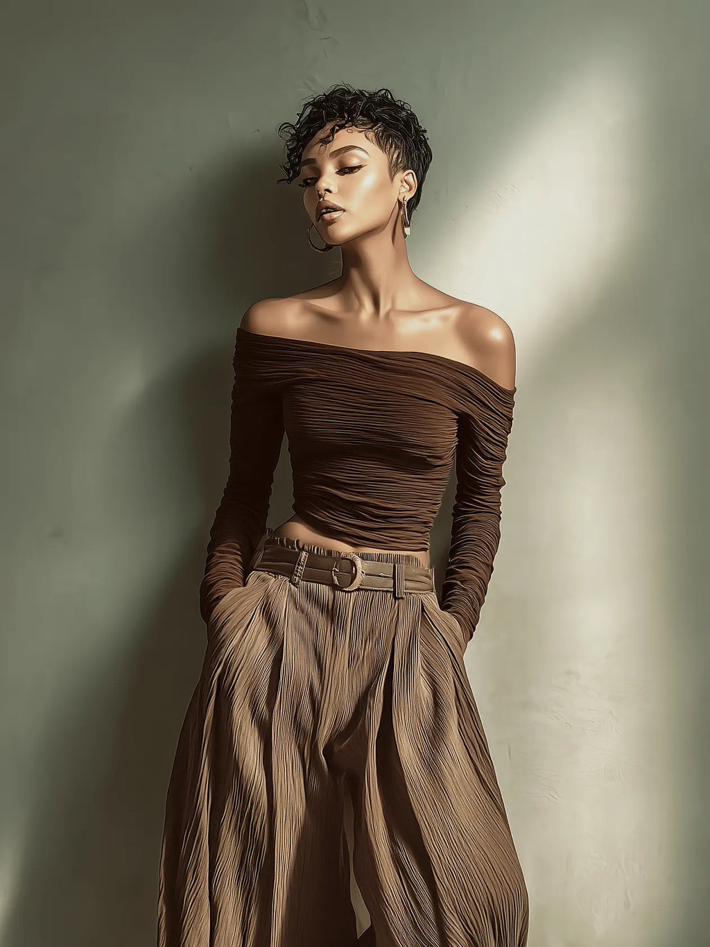 Women's Fashionable And Sexy Dark Brown Off-the-shoulder Long-sleeved Fitted Top Paired With Matching Wide-leg Trousers (belt Not Included) MDA1455K9AN