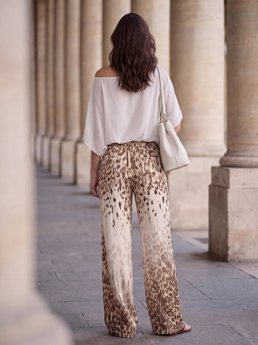 Loose Wide Leg Elasticity Gradient Leopard Pockets Trousers Wide Leg Pants