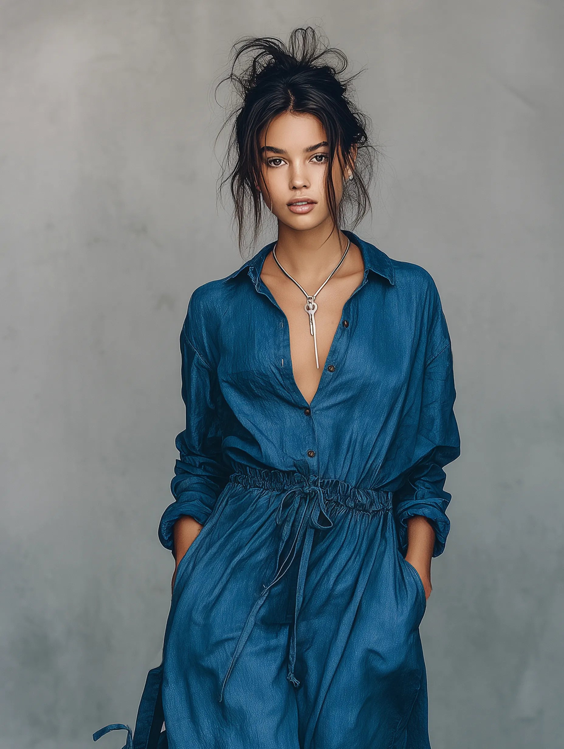 Women's Minimalist Linen-Blend Long-Sleeve Wide-Leg Jumpsuit With Drawstring Waist MDZ2056G4WY