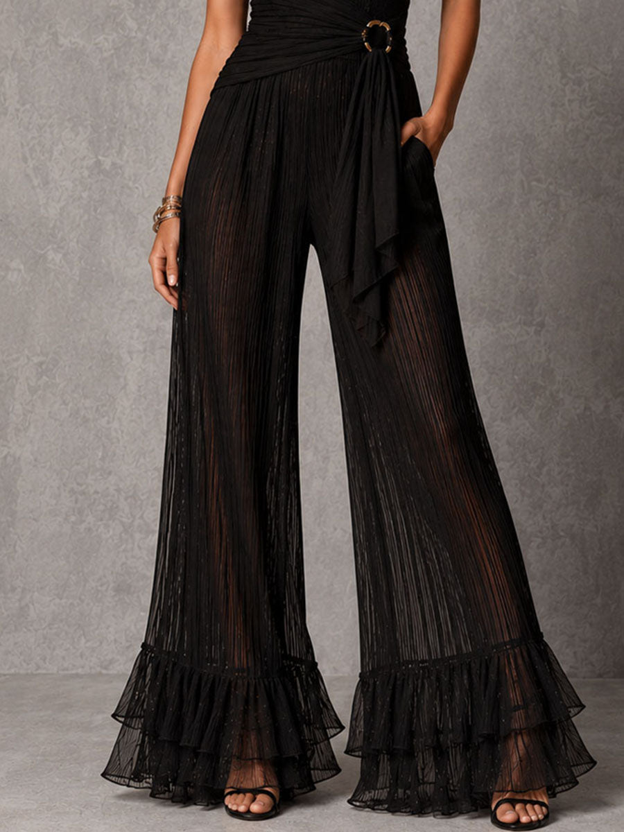 Boho Romantic Black Lace Waist Tie Halter Sheer Pleated Wide-Leg Jumpsuit