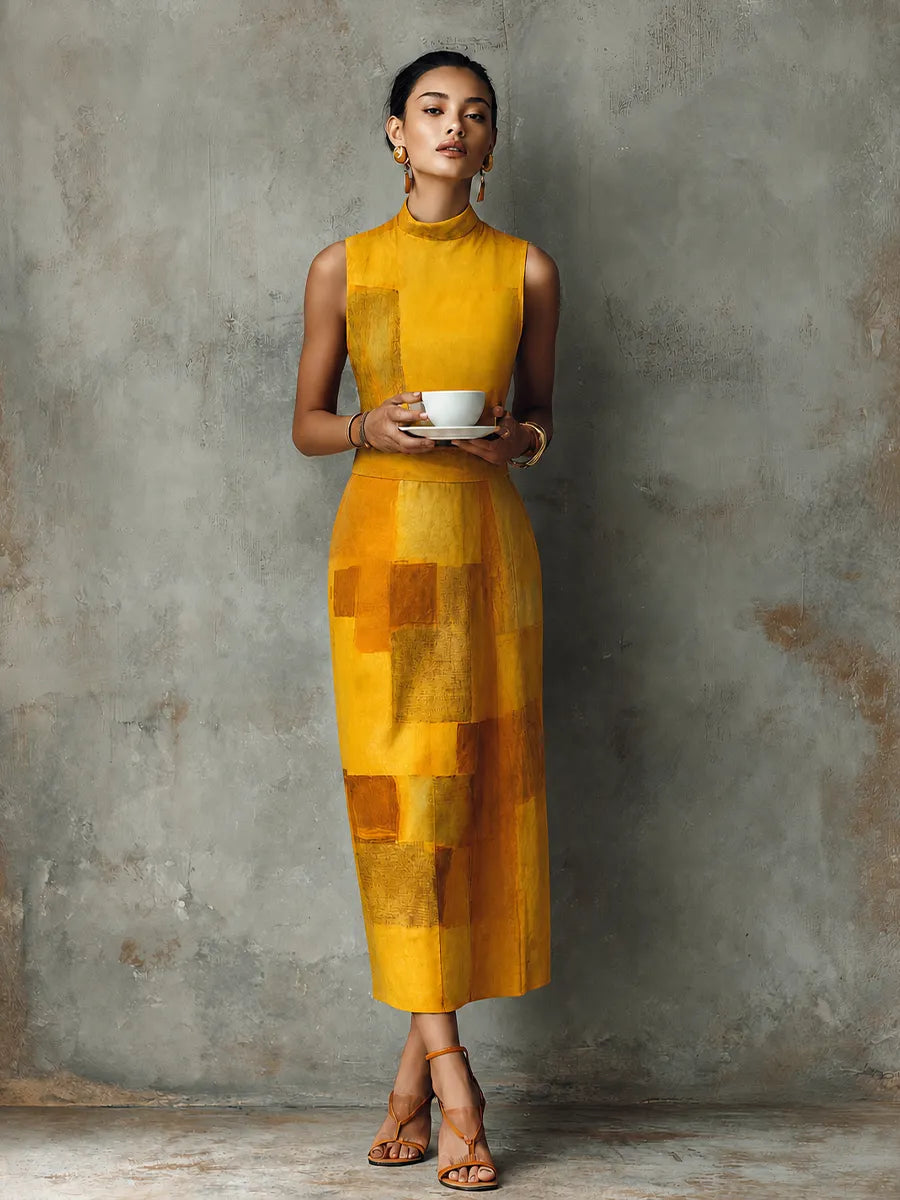 Women's French Aesthetic Style Turmeric Cotton Blend Mock Neck Sleeveless Block Print Midi Dress MDZ3029F9GMJ