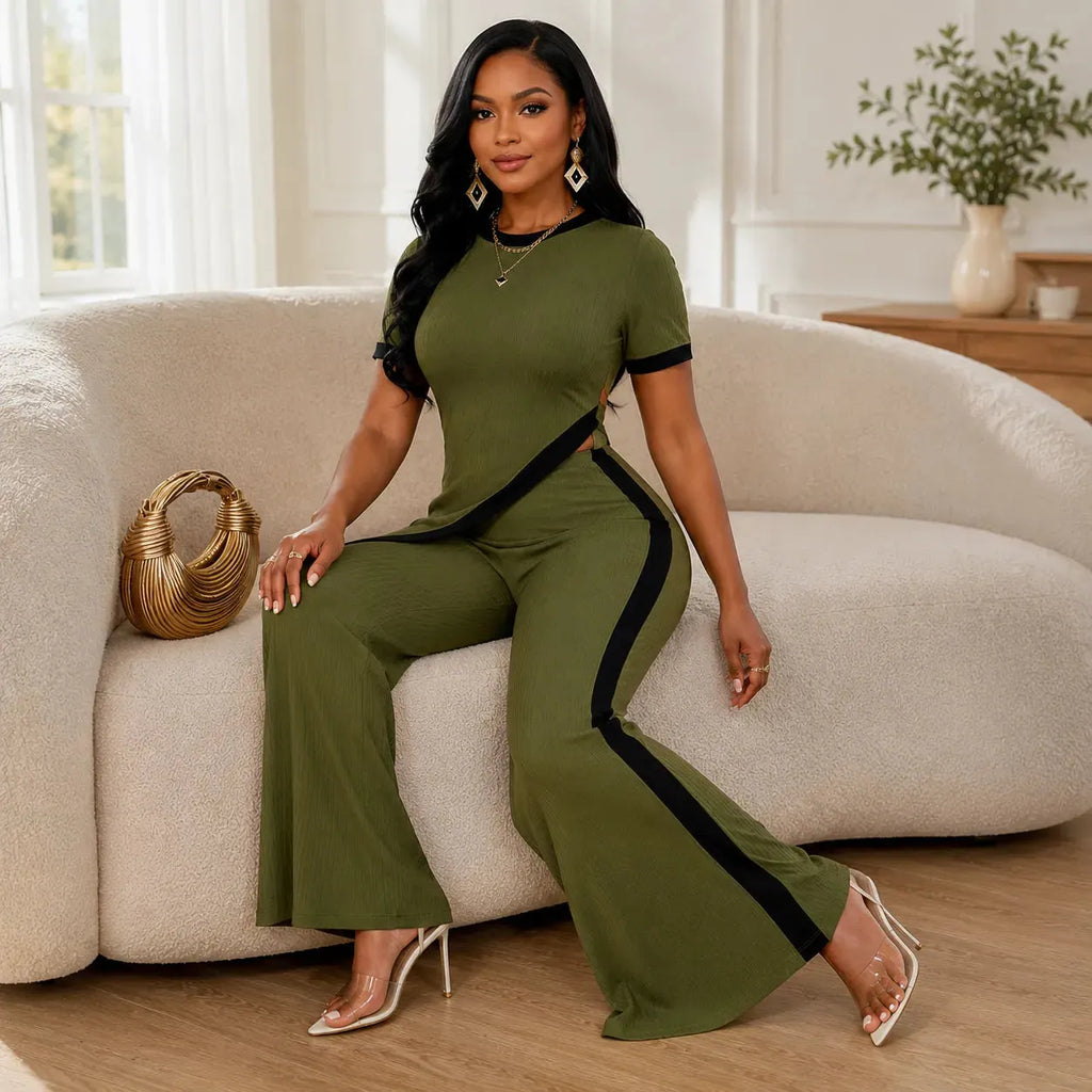 Velora – Asymmetric Ribbed Two-Piece Set with Flared Pants