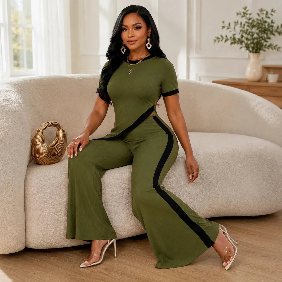 Velora – Asymmetric Ribbed Two-Piece Set with Flared Pants