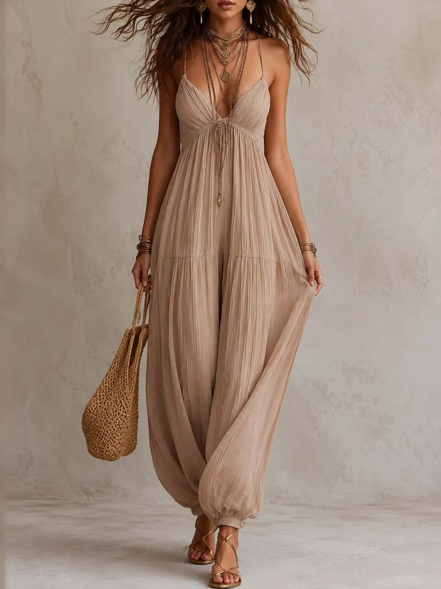 Vintage Boho Crinkle Fabric Spaghetti Strap Empire Waist Harem Jumpsuit